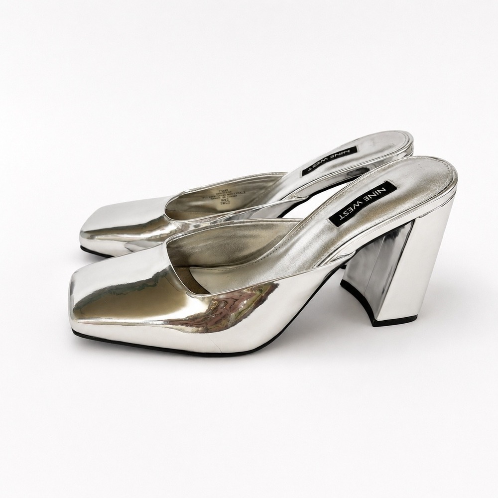 Vintage Y2K Metallic Silver Chunky Party Block Heels Square Toe 2000s